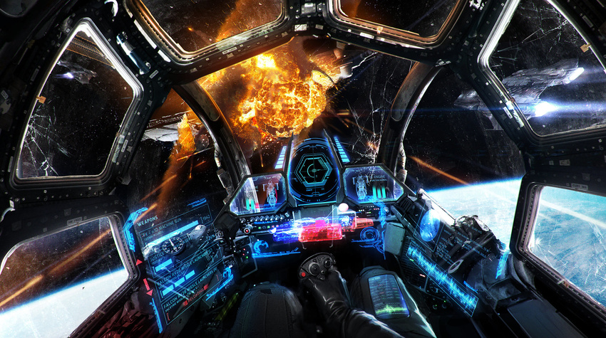 battle black_gloves broken_glass cockpit commentary controller crossover dogfight explosion fake_screenshot gameplay_mechanics glass gloves highres holographic_monitor horizon johnson_ting joystick leather leather_gloves official_art pilot_suit planet pov production_art prototype realistic science_fiction space space_craft spacecraft_interior star_citizen star_wars starfighter thrusters tie_fighter tie_fighter_(video_game) video_game