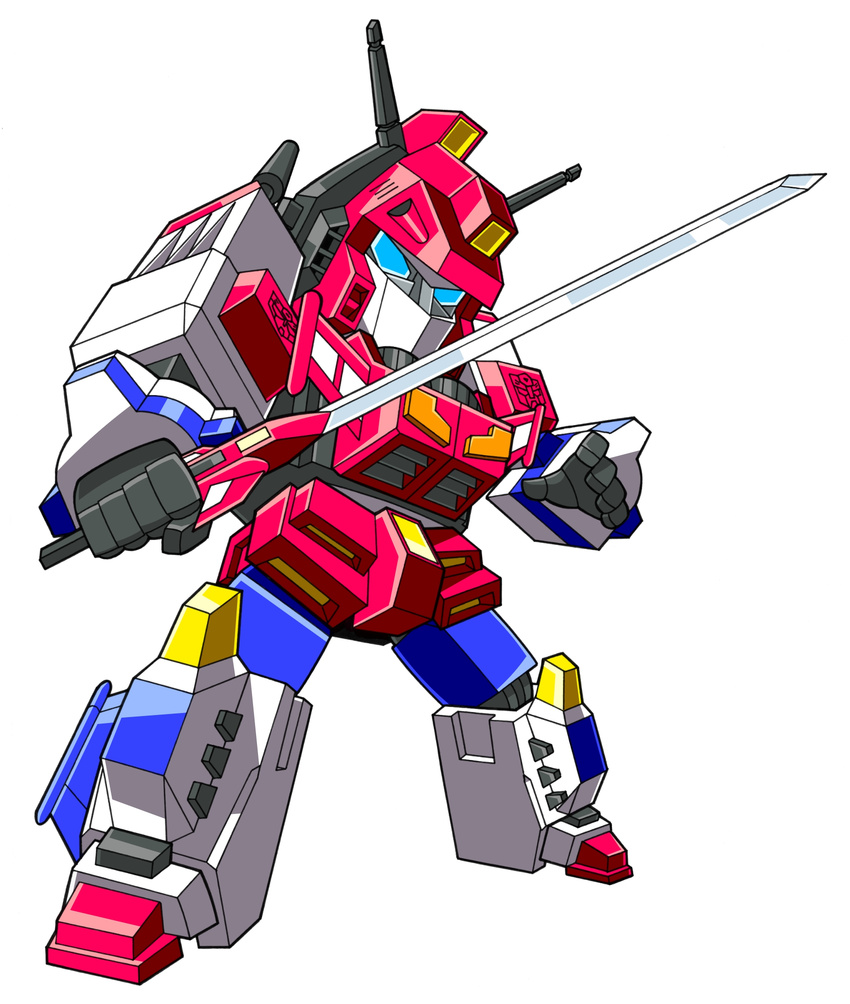 80s autobot beni_(nikaidera) blue_eyes commentary_request fighting_stance full_body glowing highres holding holding_sword holding_weapon insignia no_humans oldschool robot simple_background solo star_saber_(transformers) sword transformers transformers_victory weapon white_background