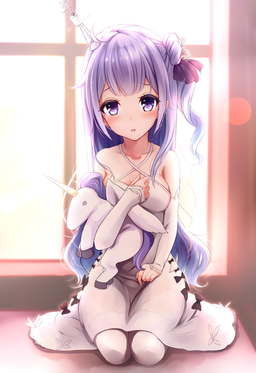 :o absurdres azur_lane bangs bare_shoulders black_bow black_ribbon blush bow breasts collarbone commentary_request criss-cross_halter day detached_sleeves dress eyebrows_visible_through_hair fingernails hair_bun hair_ornament hair_ribbon halterneck highres long_hair long_sleeves looking_at_viewer medium_breasts mitsukii object_hug one_side_up pantyhose parted_lips purple_eyes purple_hair ribbon school_uniform side_bun sleeveless sleeveless_dress sleeves_past_wrists solo stuffed_alicorn stuffed_animal stuffed_toy sunlight unicorn_(azur_lane) very_long_hair white_dress white_legwear window