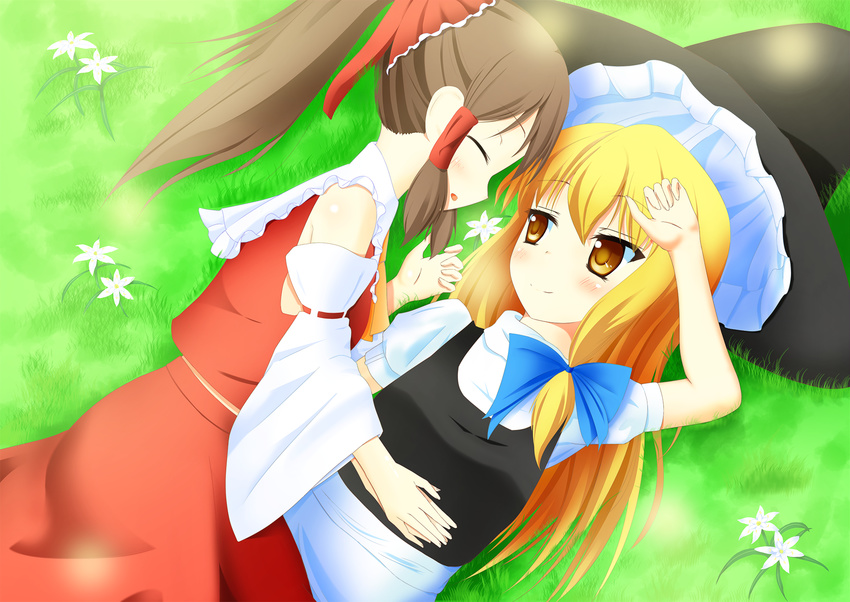 ^_^ apron bare_shoulders belly_rub blonde_hair blouse blush brown_hair closed_eyes couple detached_sleeves flower frilled_shirt_collar frills grass hair_ribbon hakurei_reimu hat highres holding_hands kirisame_marisa long_hair lovestruck lying multiple_girls outdoors ponytail ribbon skirt skirt_set smile touhou tress_ribbon turtleneck vest waist_apron witch_hat yahazu yellow_eyes yuri