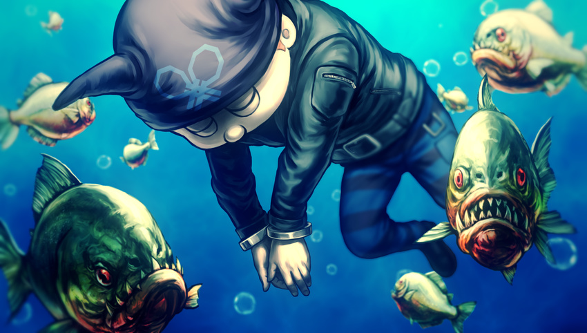 asphyxiation brown_hair closed_eyes cuffs danganronpa death drowning fish game_cg handcuffs hat highres horned_headwear hoshi_ryouma jacket komatsuzaki_rui leather leather_jacket male_focus new_danganronpa_v3 official_art pants piranha solo spoilers striped striped_pants water