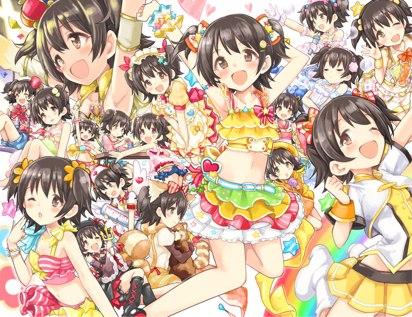 akagi_miria animal_ears ayami_(ayanoayanosuke) black_hair brown_eyes closed_eyes commentary_request costume gloves hat idolmaster idolmaster_cinderella_girls idolmaster_cinderella_girls_starlight_stage jacket maid_headdress midriff mini_hat mini_top_hat morina_nao multiple_persona navel open_mouth outstretched_arm outstretched_hand pikapikapop raccoon_ears raccoon_tail short_hair skirt striped tail tanuki thighhighs top_hat twintails two_side_up white_gloves