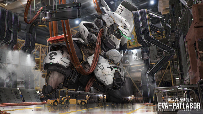 cable commentary crossover fusion gun hangar highres johnson_ting kidou_keisatsu_patlabor machinery making_of mecha neon_genesis_evangelion realistic science_fiction shipyard solo_focus weapon