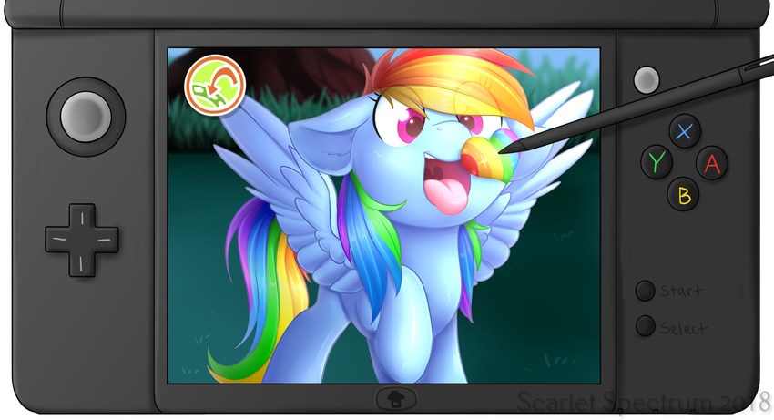 &lt;3 2018 3ds alpha_channel candy crossover cute eating equine eyelashes feathered_wings feathers feeding female food friendship_is_magic full-length_portrait grass hair mammal multicolored_hair my_little_pony nintendo open_mouth outside pegasus pok&eacute;mon portrait purple_eyes rainbow rainbow_dash_(mlp) rainbow_hair scarlet-spectrum solo sparkles stripes stylus teeth tongue tongue_out tree video_games watermark wings