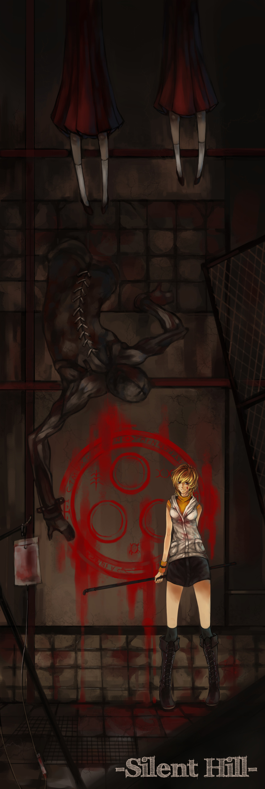 absurdres blonde_hair breasts commentary heather_mason highres jacket looking_at_viewer m_yin medium_breasts multiple_girls short_hair silent_hill silent_hill_3 sleeveless smile turtleneck valtiel