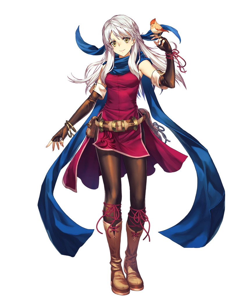 bangs belt belt_pouch bird boots bracelet breasts brown_footwear cozy dress elbow_gloves eyebrows_visible_through_hair fingerless_gloves fire_emblem fire_emblem:_akatsuki_no_megami fire_emblem_heroes full_body gloves hair_ribbon highres jewelry long_hair looking_at_viewer medium_breasts micaiah official_art pantyhose pouch ribbon scarf short_dress silver_hair sleeveless smile solo standing transparent_background yune