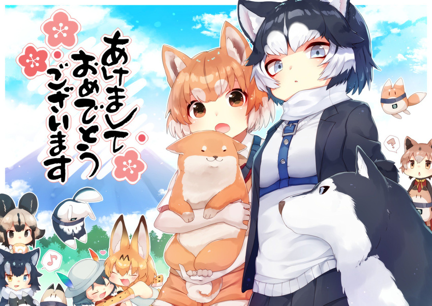 :d ? african_wild_dog_(kemono_friends) akeome animal_ears arare_mochiko bare_shoulders black_hair blonde_hair blue_eyes blue_skirt bow bowtie brown_eyes brown_hair chinese_zodiac closed_eyes cloud commentary_request day dog_(kemono_friends) dog_ears dog_tail eating eighth_note elbow_gloves flower food fur_collar gloves grey_wolf_(kemono_friends) happy_new_year hat hat_feather heart helmet heterochromia highres hug japari_bun kaban_(kemono_friends) kemono_friends looking_at_viewer lucky_beast_(kemono_friends) mountain multicolored_hair multiple_girls musical_note new_guinea_highland_wild_dog_(kemono_friends) new_year open_mouth outdoors pith_helmet plum_blossoms serval_(kemono_friends) serval_ears short_hair siberian_husky_(kemono_friends) skirt smile spoken_musical_note spoken_question_mark tail translated white_hair wolf_ears year_of_the_dog yellow_eyes