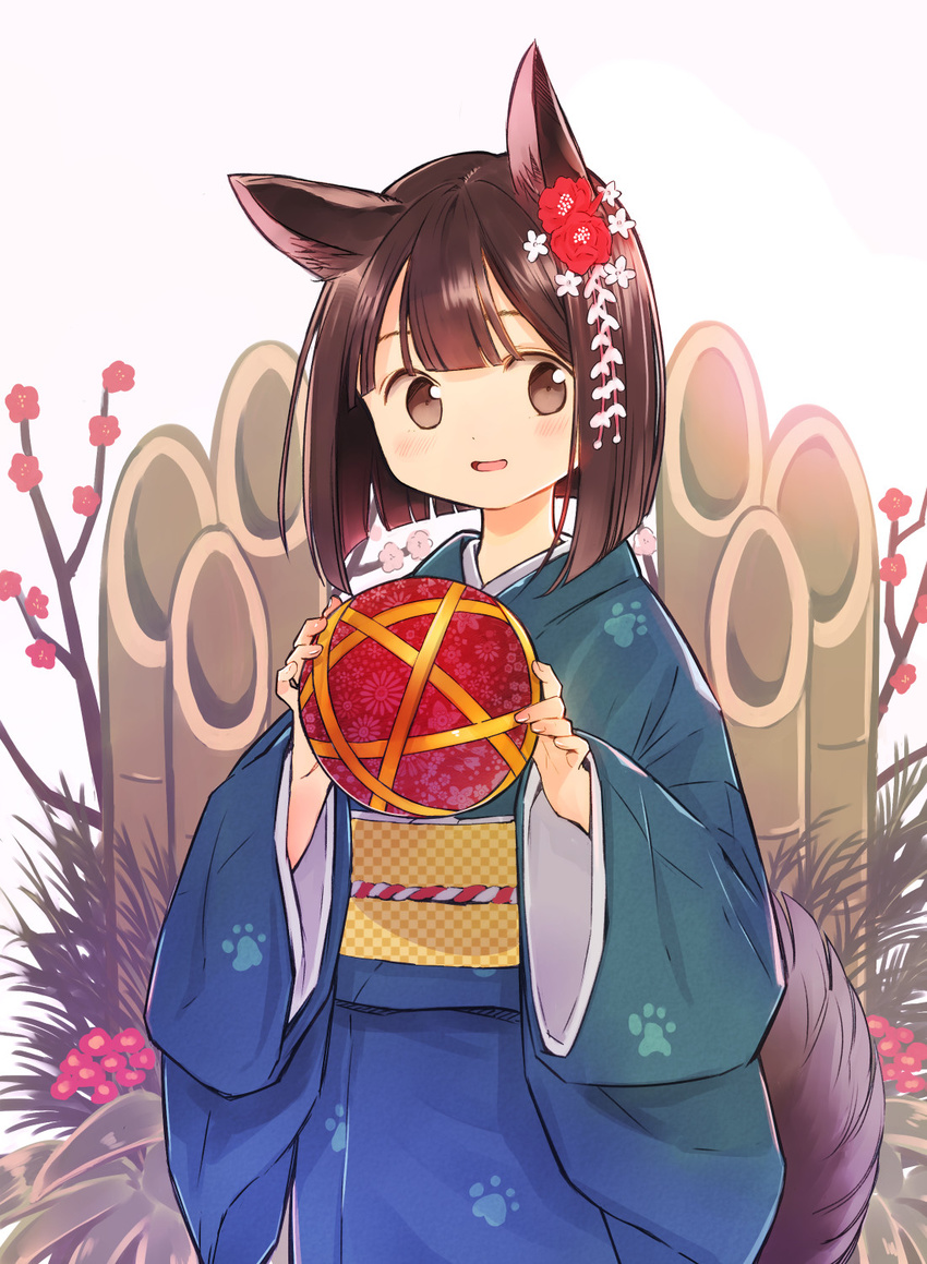 animal_ears ball bangs blush brown_hair commentary dog_ears fingernails flower hair_between_eyes hair_ornament hands_up highres holding holding_ball japanese_clothes kadomatsu kimono looking_at_viewer miya9 multicolored multicolored_clothes multicolored_kimono obi obijime open_mouth original paw_print_pattern plant sash short_hair solo standing