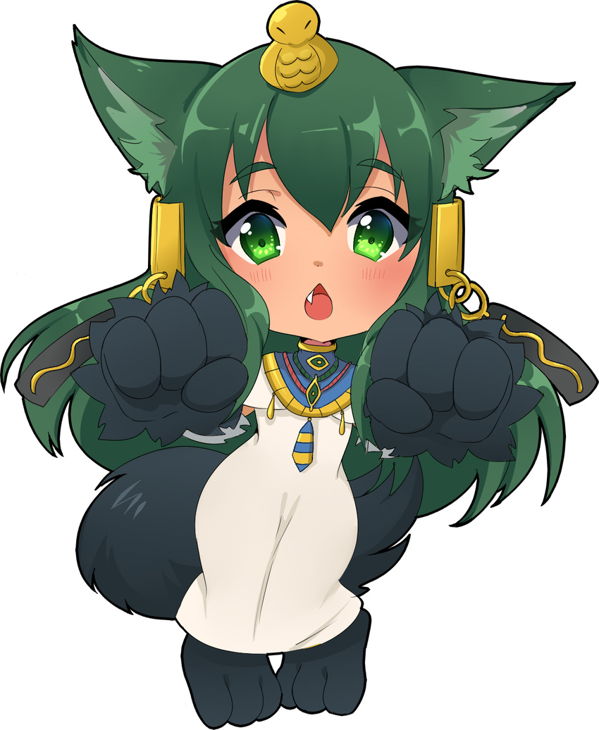 :o alternate_costume animal_ears anubis_(monster_girl_encyclopedia) barefoot blush chestnut_mouth chibi dark_green_hair egyptian eyebrows_visible_through_hair fang fewer_digits full_body green_eyes green_hair hair_ornament highres jewelry long_hair looking_at_viewer monster_girl monster_girl_encyclopedia nashirasauce necklace open_mouth paws robe snake_hair_ornament solo standing tail transparent_background usekh_collar wolf_ears wolf_tail