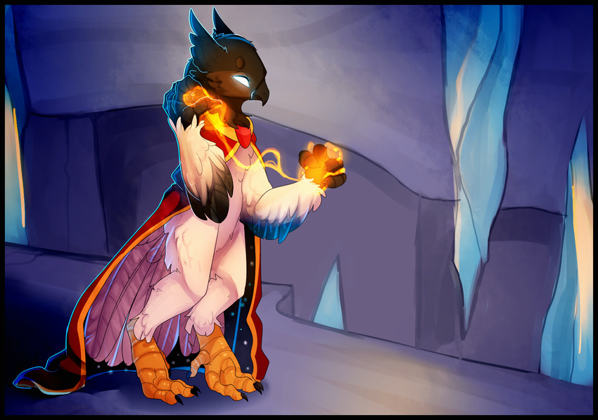 anthro avian beak bird cave cloak clothing elvche feathers fire magic solo wings