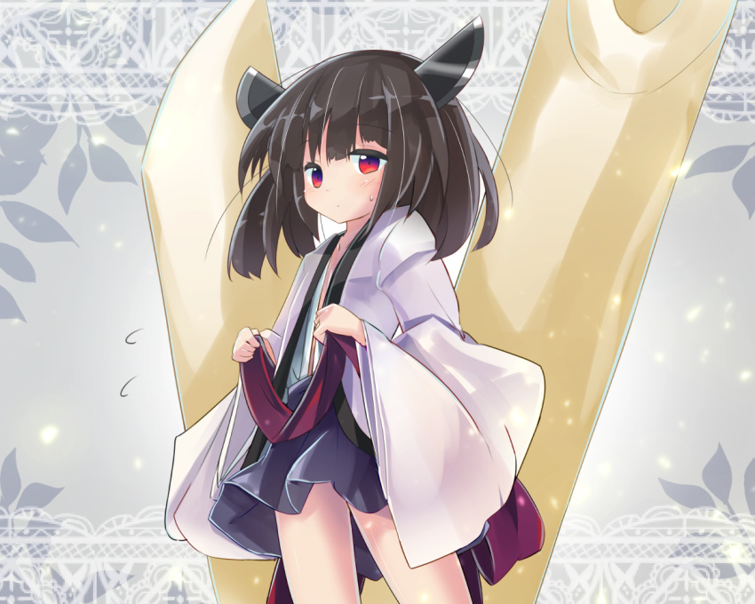 1girl blue_skirt blush brown_hair closed_mouth collarbone commentary_request flying_sweatdrops headgear japanese_clothes kimono lace_border long_sleeves looking_at_viewer open_clothes open_kimono pleated_skirt red_eyes ryogo skirt solo standing sweat touhoku_kiritan voiceroid white_kimono wide_sleeves