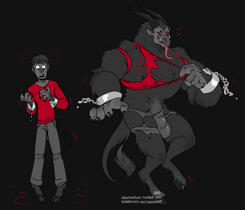 2017 4_fingers anthro balls big_balls big_penis black_background bulge chain clothed clothing demon fur hair handcuffs hhazard hooves horn human human_to_anthro long_tongue male mammal monster muscular muscular_male open_mouth pants penis red_sclera restricted_palette sequence shackles shirt signature simple_background smile surprise tongue torn_clothing transformation url