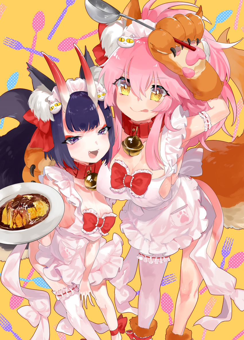:d :q aano_(10bit) absurdres animal_ears apron bell bell_collar breasts cleavage collar covered_nipples eyeliner fang fate/grand_order fate_(series) food fox_ears fox_tail gloves hair_ornament highres horns ladle large_breasts long_hair looking_at_viewer maid_headdress makeup medium_breasts multiple_girls naked_apron omurice oni oni_horns open_mouth paw_gloves paws pink_hair ponytail purple_eyes purple_hair short_hair shuten_douji_(fate/grand_order) single_thighhigh smile tail tamamo_(fate)_(all) tamamo_cat_(fate) thighhighs tongue tongue_out white_legwear