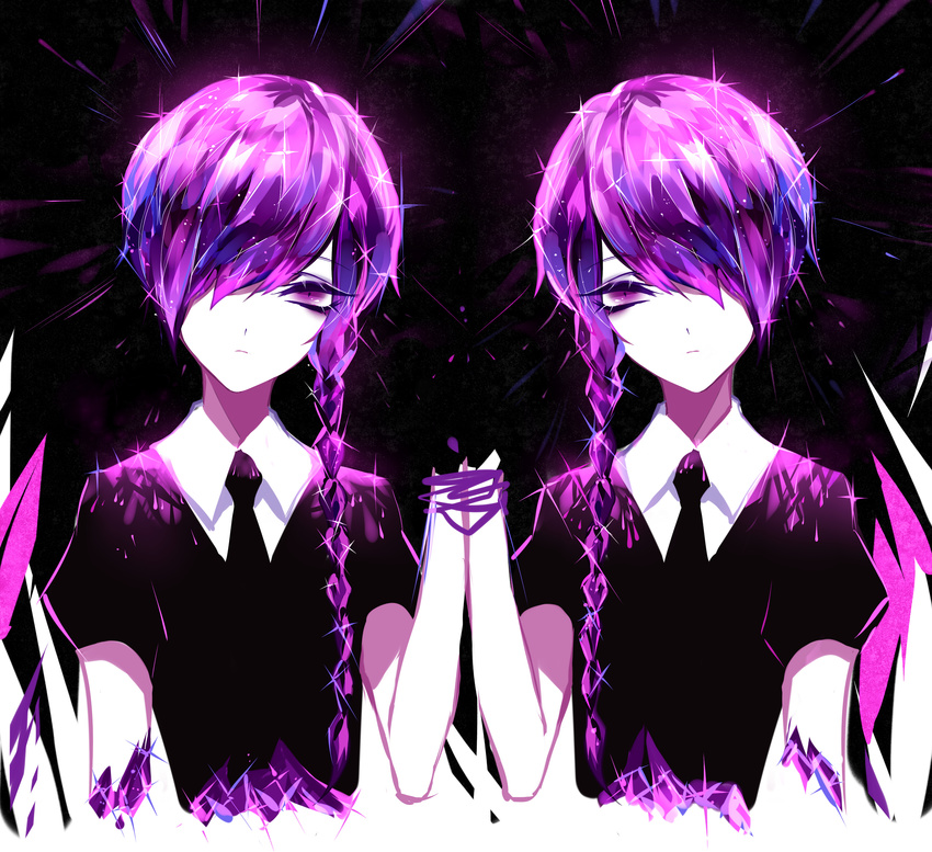 absurdres amethyst_(houseki_no_kuni) androgynous black_background black_neckwear bound bound_wrists braid commentary gem_uniform_(houseki_no_kuni) hair_over_one_eye highres houseki_no_kuni looking_at_viewer multiple_others necktie puffy_short_sleeves puffy_sleeves purple_eyes purple_hair sheya short_hair short_sleeves single_braid upper_body