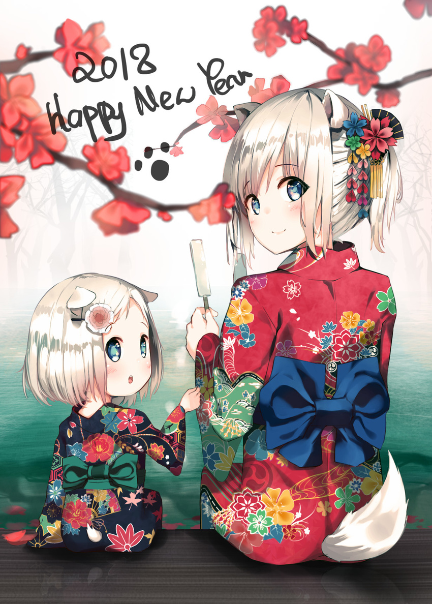 2girls :o animal_ears bangs black_kimono blue_bow blue_eyes blurry blurry_foreground blush bow chinese_zodiac closed_mouth commentary_request depth_of_field dog_ears dog_girl dog_tail eyebrows_visible_through_hair floral_print flower food green_bow hair_flower hair_ornament hairclip happy_new_year highres japanese_clothes kimono looking_at_viewer looking_back multiple_girls new_year niii_(memstapak) original parted_lips ponytail popsicle print_kimono red_flower red_kimono sidelocks silver_hair sitting smile tail upper_teeth water year_of_the_dog