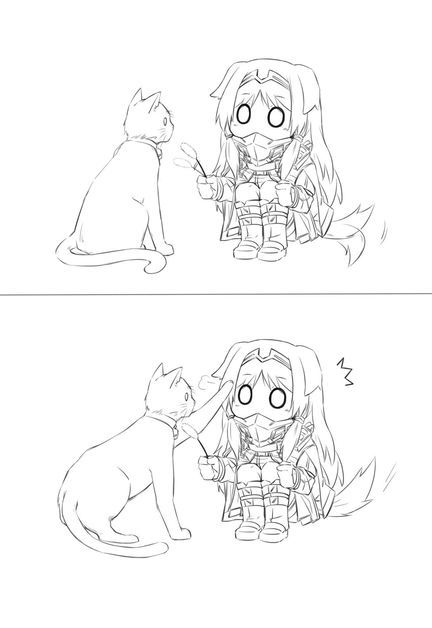 1girl 1other a an-94_(girls_frontline) animal_ears artist_request bell bell_collar boots cat collar dog_ears dog_tail gas_mask girls_frontline highres petting playing sitting surprised tactical_clothes tail tail_wagging