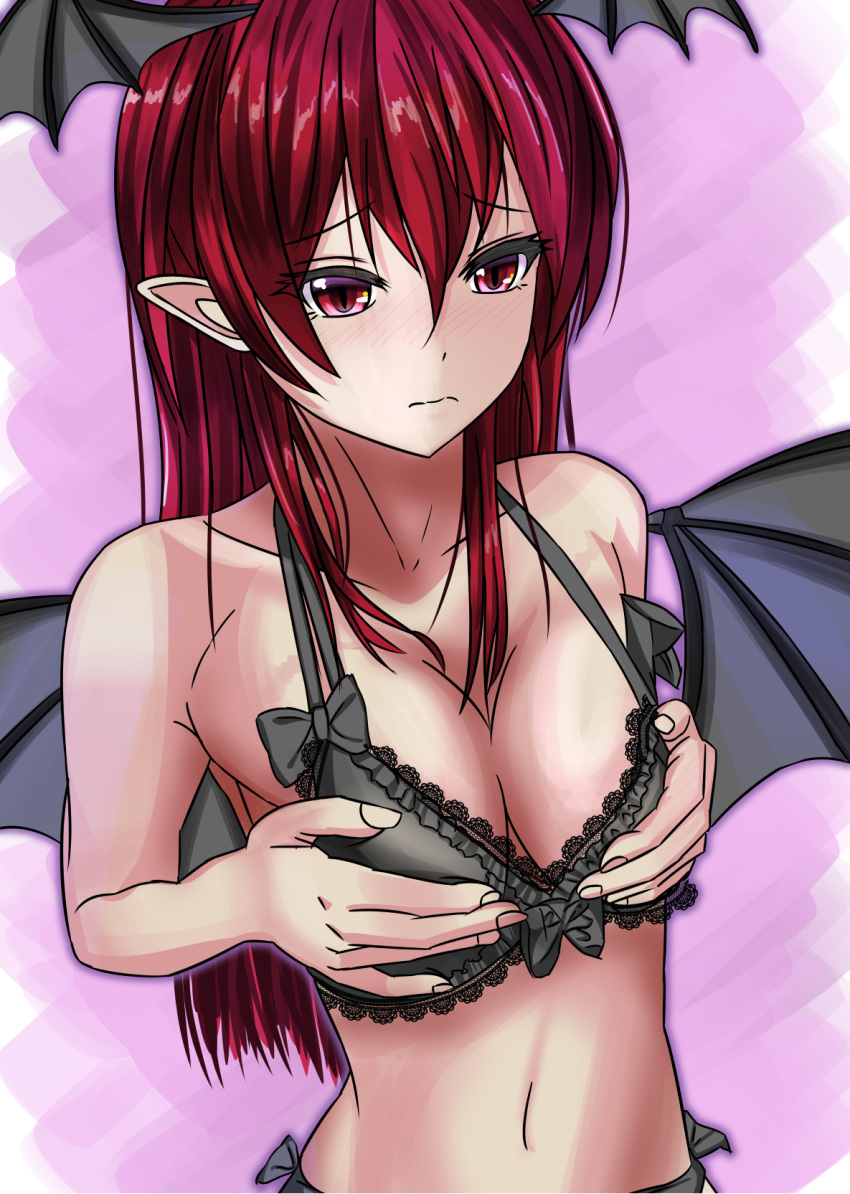 blush bra breasts cleavage head_wings highres kitaura_kasumi koakuma lace lace-trimmed_bra navel pointy_ears purple_background red_eyes red_hair slit_pupils the_embodiment_of_scarlet_devil touhou underwear wings