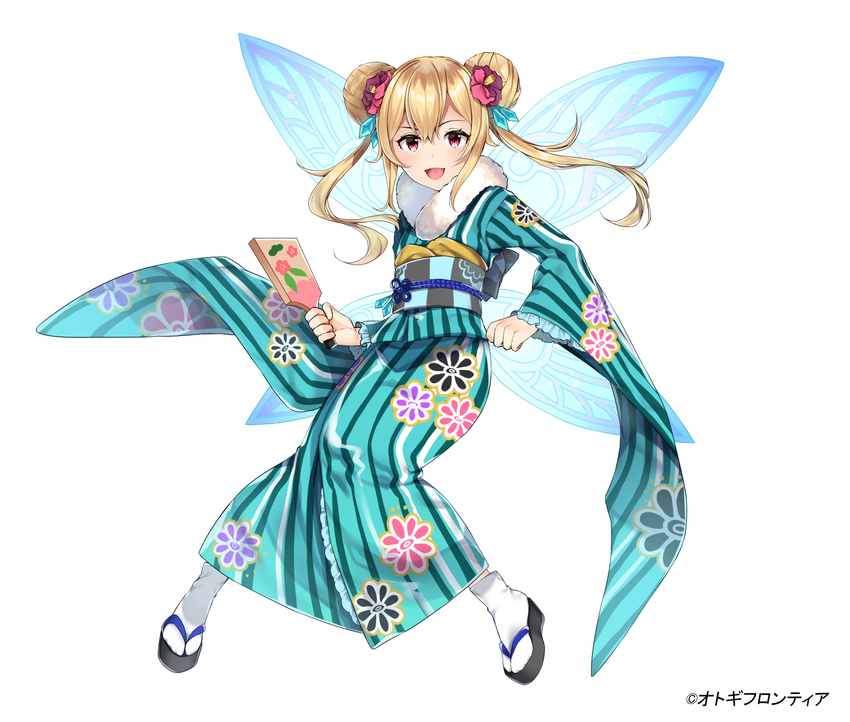 :d blonde_hair buta_tamako commentary double_bun flower full_body hagoita hair_between_eyes hair_flower hair_ornament highres holding japanese_clothes kimono long_hair looking_at_viewer multicolored_footwear obi official_art open_mouth otogi_frontier paddle pigeon-toed platform_footwear red_eyes sandals sash smile solo tabi watermark white_background white_legwear wings