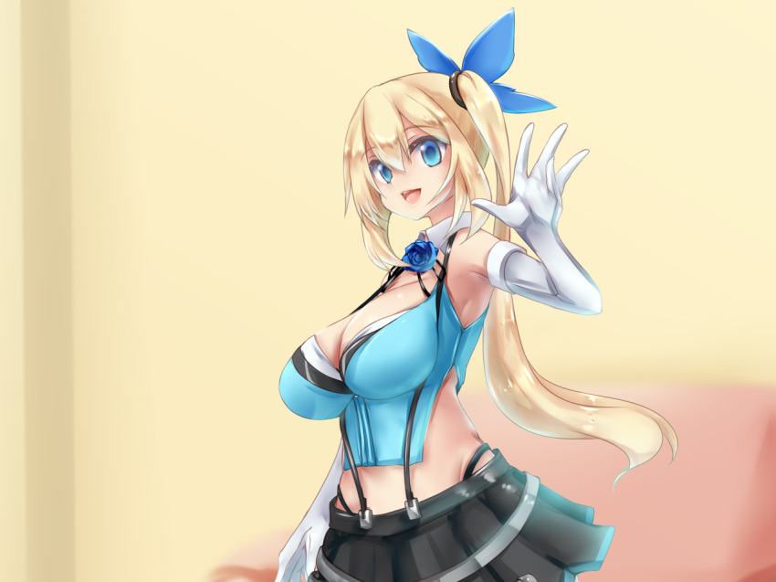 1girl bare_shoulders blonde_hair blue_eyes breasts cleavage elbow_gloves eyebrows_visible_through_hair gloves hair_ornament large_breasts long_hair looking_at_viewer midriff mirai_akari mirai_akari_project mitsuru_(madeinore) open_mouth pleated_skirt side_ponytail simple_background skirt sleeveless smile solo tongue white_gloves yellow_background