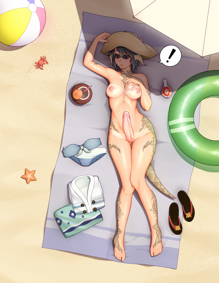 1girl absurdres alxw95 animal arm_up armlet armpits au_ra beach beach_towel beach_umbrella bikini_tan breasts brown_hat clothes_writing coconut collar crab cup drink drinking_straw erection final_fantasy final_fantasy_xiv fruit_cup futanari glasses green_innertube hat highres huge_filesize innertube looking_to_the_side lying medium_breasts navel nipples no_testicles nude on_back penis sand shade solo speech_bubble spoken_exclamation_mark stomach sunglasses sunlight tail tan tanline towel umbrella uncensored