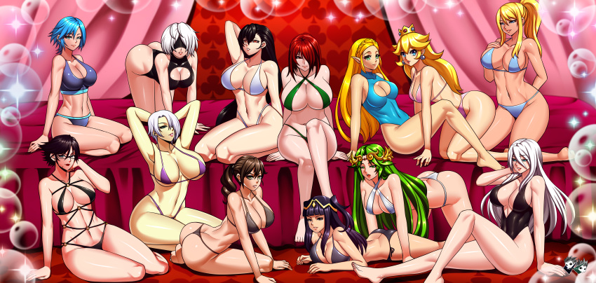 6+girls absurdres all_fours aqua_(kingdom_hearts) arm_behind_head arms_behind_head ass barefoot bayonetta bayonetta_(character) bed bikini black_bikini black_eyes black_hair blonde_hair blue_bikini blue_eyes blue_hair breasts brown_hair cleavage commission covered_navel crossover crown deviantart_username female final_fantasy final_fantasy_vii fire_emblem fire_emblem:_kakusei glasses green_bikini green_eyes green_hair grey_bikini harem highres image_sample indoors isabella_valentine jadenkaiba kid_icarus kingdom_hearts kneeling large_breasts lying mario_(series) matching_hair/eyes metal_gear metal_gear_(series) metal_gear_solid metal_gear_solid_v metroid micro_bikini multiple_girls navel nier_(series) nier_automata nintendo palutena parted_lips pink_bikini pixiv_sample pixiv_username ponytail princess_peach princess_zelda purple_bikini quiet_(metal_gear) red_eyes red_hair samus_aran sideboob silver_hair sitting soul_calibur super_mario_bros. swimsuit tharja the_legend_of_zelda the_legend_of_zelda:_breath_of_the_wild thong tifa_lockhart underboob watermark web_address white_bikini white_hair yorha_no._2_type_b yorha_type_a_no._2