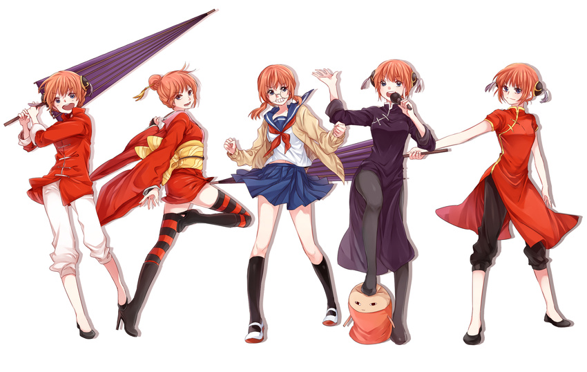 alternate_costume black_legwear blue_eyes breasts bun_cover chim china_dress chinese_clothes closed_umbrella commentary double_bun dress gintama hair_bun highres japanese_clothes kagura_(gintama) multiple_views orange_hair oriental_umbrella pantyhose short_hair small_breasts umbrella