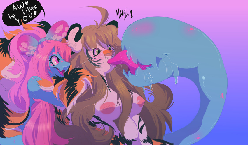 anonymous_artist breasts cuddling drooling feline female female/female girl_drake group hair humanoid hybrid kissing mammal monster nipples nude saliva simple_background skunk tail_mouth teasing text tiger