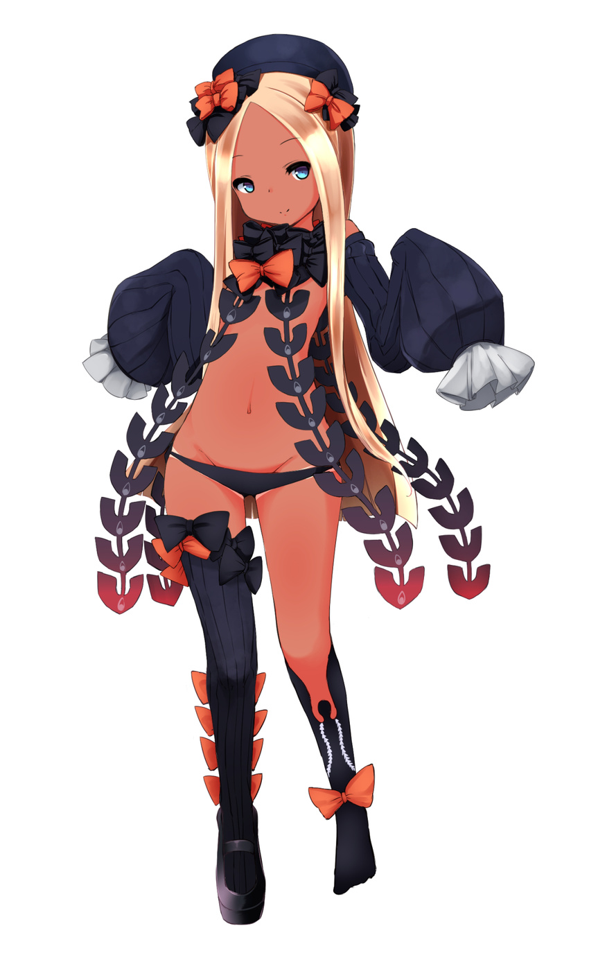 abigail_williams_(fate/grand_order) bangs bare_shoulders bikini_tan black_bow black_footwear black_legwear black_panties blonde_hair blue_eyes bow closed_mouth detached_sleeves eyebrows_visible_through_hair fate/grand_order fate_(series) forehead full_body groin haruto_(hirokazu1001) hat hat_bow head_tilt highres kneehighs long_hair long_sleeves looking_at_viewer mary_janes navel no_shoes orange_bow panties parted_bangs shoes simple_background single_kneehigh single_shoe single_thighhigh sleeves_past_fingers sleeves_past_wrists smile solo standing tan tanline thighhighs underwear very_long_hair white_background