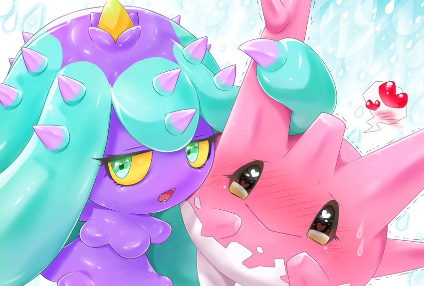 aije blush corsola eyelashes fangs gen_2_pokemon gen_7_pokemon green_eyes half-closed_eyes heart heart-shaped_pupils highres mareanie no_humans pokemon pokemon_(creature) spikes sweatdrop symbol-shaped_pupils tentacle_hair thought_bubble trembling yellow_sclera