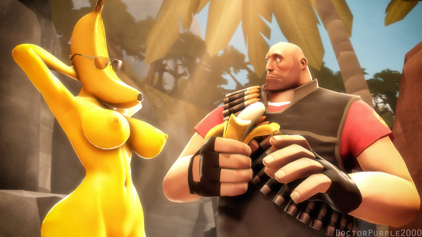 3d_(artwork) anthro banana breasts digital_media_(artwork) doctorpurple2000 duo eyewear female food food_creature fruit heavy_(team_fortress_2) hi_res humor male nipples not_furry nude sunglasses team_fortress_2 valve video_games