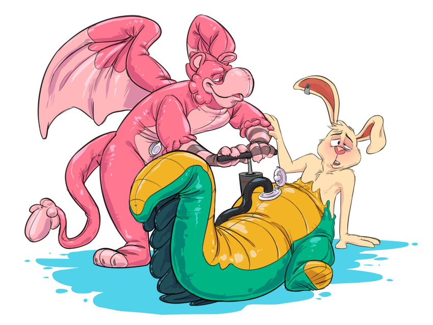 2015 alligator animate_inanimate anthro avian beak belly big_belly crocodilian digital_drawing_(artwork) digital_media_(artwork) duo ear_piercing flir flir_(rabbit) fur gryf_(flir) gryphon hose inflatable inflation lagomorph living_inflatable male mammal nickwolf nozzle nude open_mouth piercing pool_toy rabbit reptile rubber scalie simple_background tan_fur transformation white_background wings