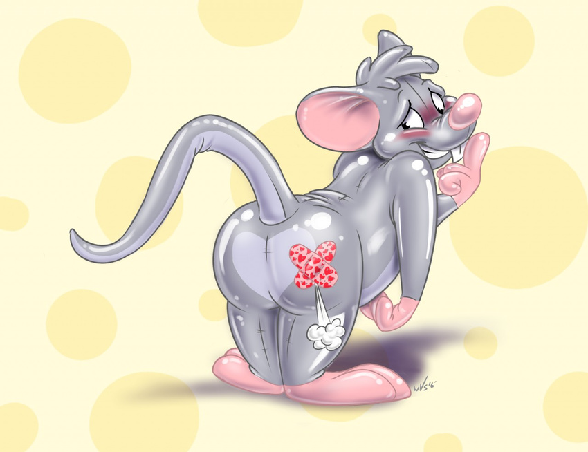 &lt;3 2016 animate_inanimate anthro band-aid bandage blush butt dariomouse deflation digital_drawing_(artwork) digital_media_(artwork) embarrassed inflatable living_inflatable lockheedskunk looking_back male mammal mouse pink_nose rodent rubber shiny simple_background smile solo teeth