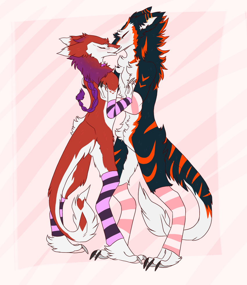 anthro azaly black_fur blush braided_hair clothing digital_media_(artwork) duo ear_piercing fur hair hi_res kazuhiro_yasei kissing legwear long_hair long_tail male male/male mammal piercing prideful-demon purple_hair red_fur sergal sergals simple_background smile stockings white_fur