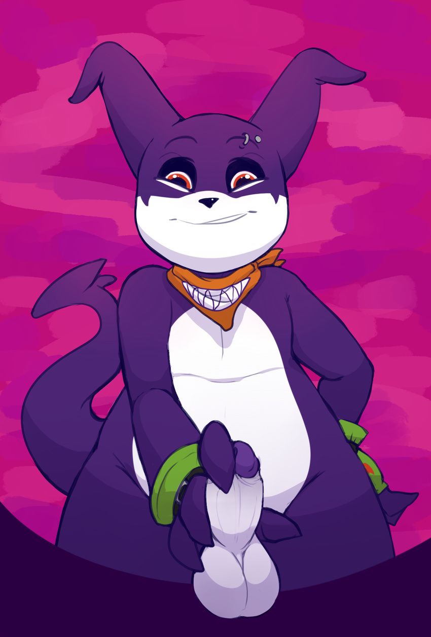 2016 4_fingers anthro balls black_nose digimon digital_media_(artwork) erection eyebrow_piercing facial_piercing hi_res holding_penis imp impmon looking_at_viewer male mammal neckerchief nude penis piercing puck_(shadowpelt) purple_background red_background red_eyes shadowpelt simple_background smile solo standing