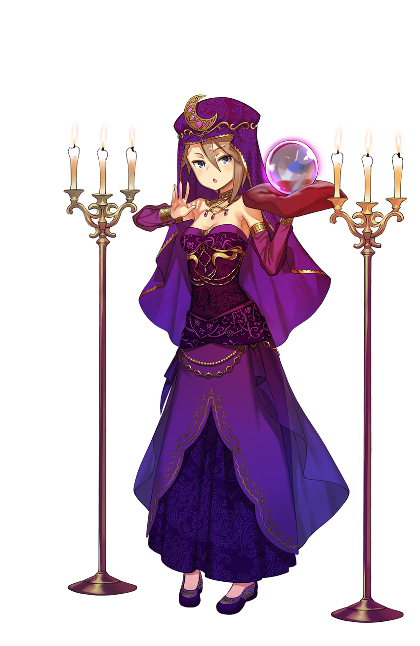 ange_(princess_principal) arabian_clothes arm_warmers bare_shoulders blue_eyes breasts brown_hair candle candlestand choker crescent crystal_ball dress fire full_body hand_up headwear_request highres looking_at_viewer makaria official_art princess_principal princess_principal_game_of_mission purple_dress purple_legwear short_hair small_breasts solo standing transparent_background