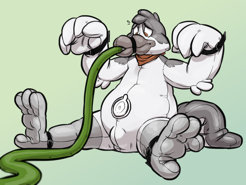2015 4_fingers 4_toes animate_inanimate anthro avian beak bird bulge clothed clothing cubi digital_drawing_(artwork) digital_media_(artwork) dizfoley green_background inflatable living_inflatable male mostly_nude muzzle_(object) muzzled neckerchief nozzle pool_toy simple_background solo toes tube worried