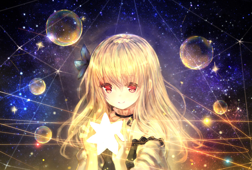 bangs bare_shoulders blonde_hair bubble catbell closed_mouth detached_collar dress eyebrows_visible_through_hair hair_ornament hands_up light long_hair looking_at_viewer off-shoulder_dress off_shoulder original red_eyes sidelocks smile solo star starry_background upper_body