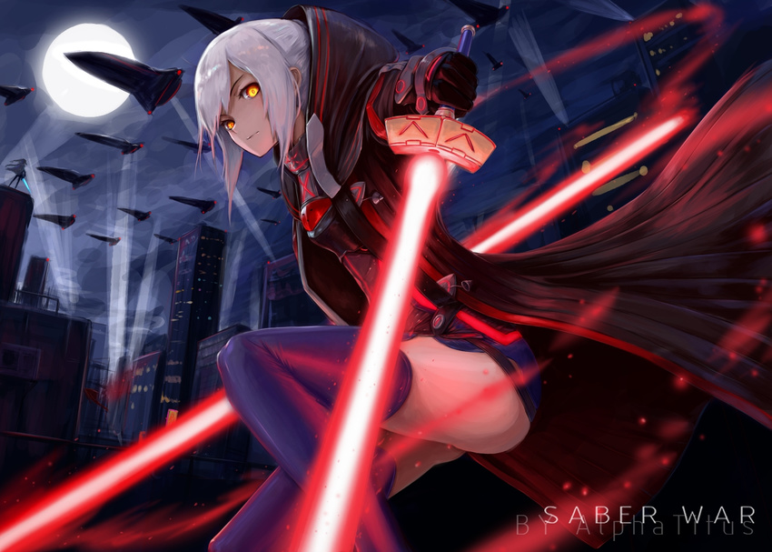 alphatitus artist_name artoria_pendragon_(all) city closed_mouth commentary_request double-blade dual_wielding embers energy_sword english excalibur fate/grand_order fate_(series) glowing glowing_eyes holding hood lightsaber looking_at_viewer moon multiple_girls mysterious_heroine_x_(alter) night searchlight silver_hair space_craft spotlight sword thighhighs thighs title weapon yellow_eyes