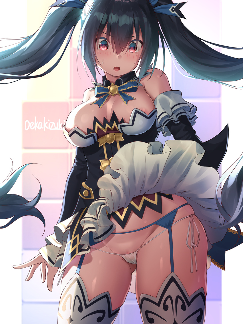 :o areola_slip areolae bare_shoulders black_hair blush breasts choujigen_game_neptune commentary_request detached_sleeves garter_straps hair_ornament highres large_breasts long_hair micro_panties neptune_(series) noire oekakizuki panties pussy_peek red_eyes skirt skirt_lift solo thighhighs twintails underwear very_long_hair