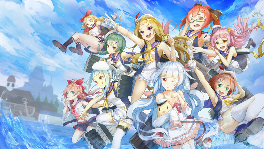 :q ahoge anchor arm_up armpits ass aulick_(azur_lane) azur_lane badge bird blonde_hair blue_eyes blue_hair bow braid brown_eyes brown_hair candy charles_ausburne_(azur_lane) chestnut_mouth chick detached_sleeves eating eyebrows_visible_through_hair fletcher_(azur_lane) food foote_(azur_lane) glasses gloves green_eyes green_hair hair_bow hair_ornament hairclip hat highres jenkins_(azur_lane) koroneko_p0w0q lollipop long_hair long_sleeves looking_at_viewer md5_mismatch midriff multiple_girls navel nicholas_(azur_lane) off_shoulder one_eye_closed open_mouth panties pantyhose pantyshot pink_hair pink_panties pleated_skirt pointing ponytail purple_eyes radford_(azur_lane) red_eyes red_hair school_uniform serafuku short_hair skirt sleeves_past_wrists spence_(azur_lane) standing standing_on_liquid star stuffed_animal stuffed_toy tears thatcher_(azur_lane) thigh_strap thighhighs tongue tongue_out torpedo_tubes two_side_up underwear wavy_mouth white_gloves white_legwear white_panties yellow_eyes