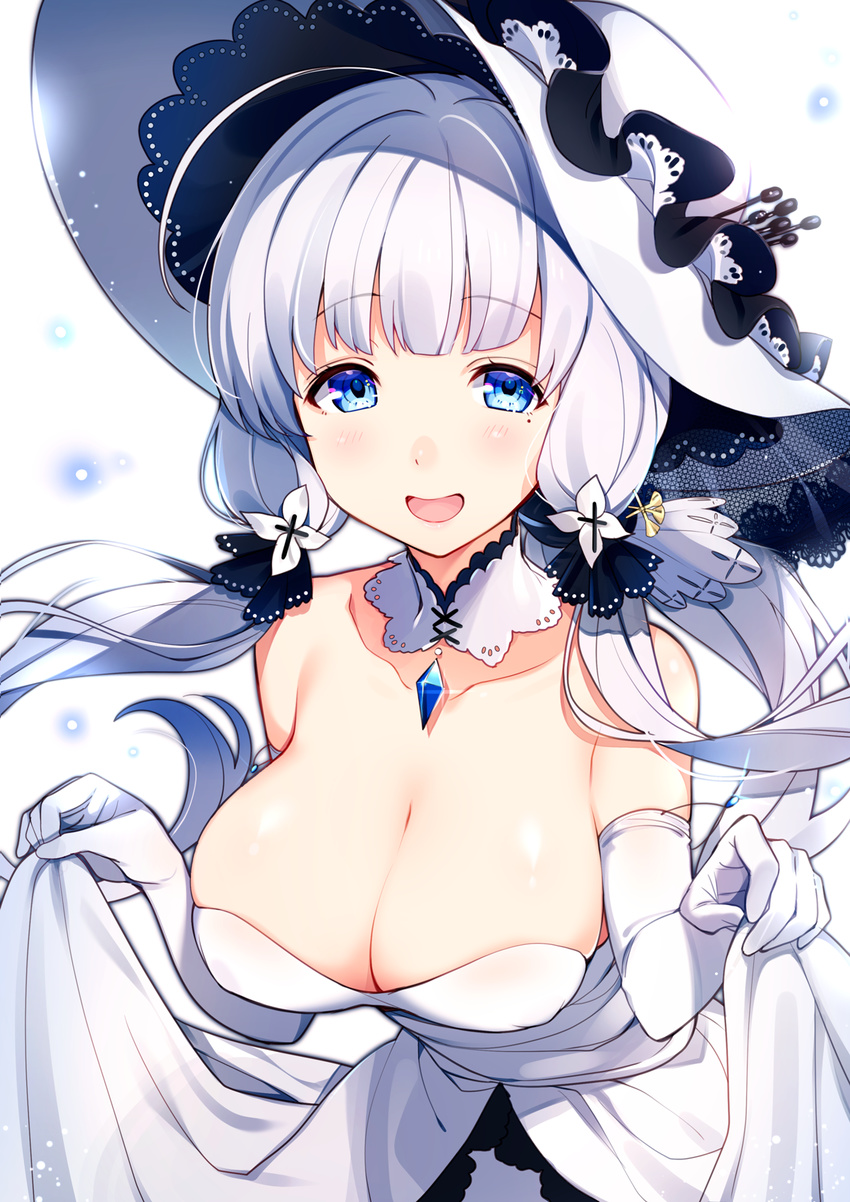 azur_lane blue_eyes blush breasts collarbone cut_(bu-kunn) detached_collar dress elbow_gloves gloves hair_ornament hair_ribbon hat highres illustrious_(azur_lane) large_breasts long_hair looking_at_viewer low_ponytail open_mouth ponytail ribbon sidelocks simple_background skirt_hold smile solo tress_ribbon white_background white_dress white_gloves white_hair