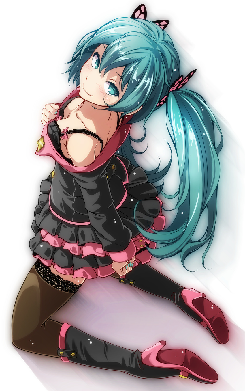 absurdres bare_shoulders black_bra black_footwear black_jacket black_legwear black_skirt blue_eyes blue_hair blue_nails blush boots bow bra breasts butterfly_hair_ornament cleavage closed_mouth collarbone downblouse from_above from_behind full_body hair_between_eyes hair_ornament hatsune_miku high_heel_boots high_heels highres honey_whip_(module) jacket knee_boots kneeling lace lace-trimmed_thighhighs layered_skirt long_hair long_sleeves looking_at_viewer looking_back looking_up nail_polish pink_bow project_diva_(series) purple_eyes shoe_soles skirt sleeves_past_wrists small_breasts smile solo sweet_devil_(vocaloid) thighhighs tsukishiro_saika twintails underwear very_long_hair vocaloid zettai_ryouiki