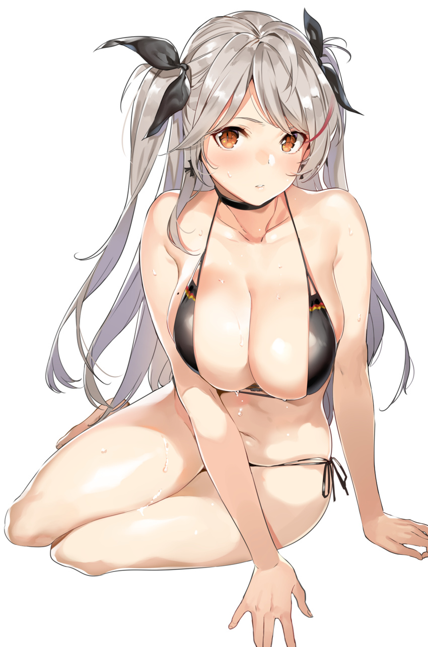 arm_support azur_lane bare_shoulders barefoot bikini black_bikini blush breasts brown_eyes cleavage collarbone commentary_request dripping hair_ribbon highres large_breasts long_hair looking_at_viewer mole mole_on_breast multicolored_hair navel orange_eyes prinz_eugen_(azur_lane) ribbon side-tie_bikini silver_hair simple_background sitting solo streaked_hair swimsuit two_side_up wet white_background yokozuwari yuran