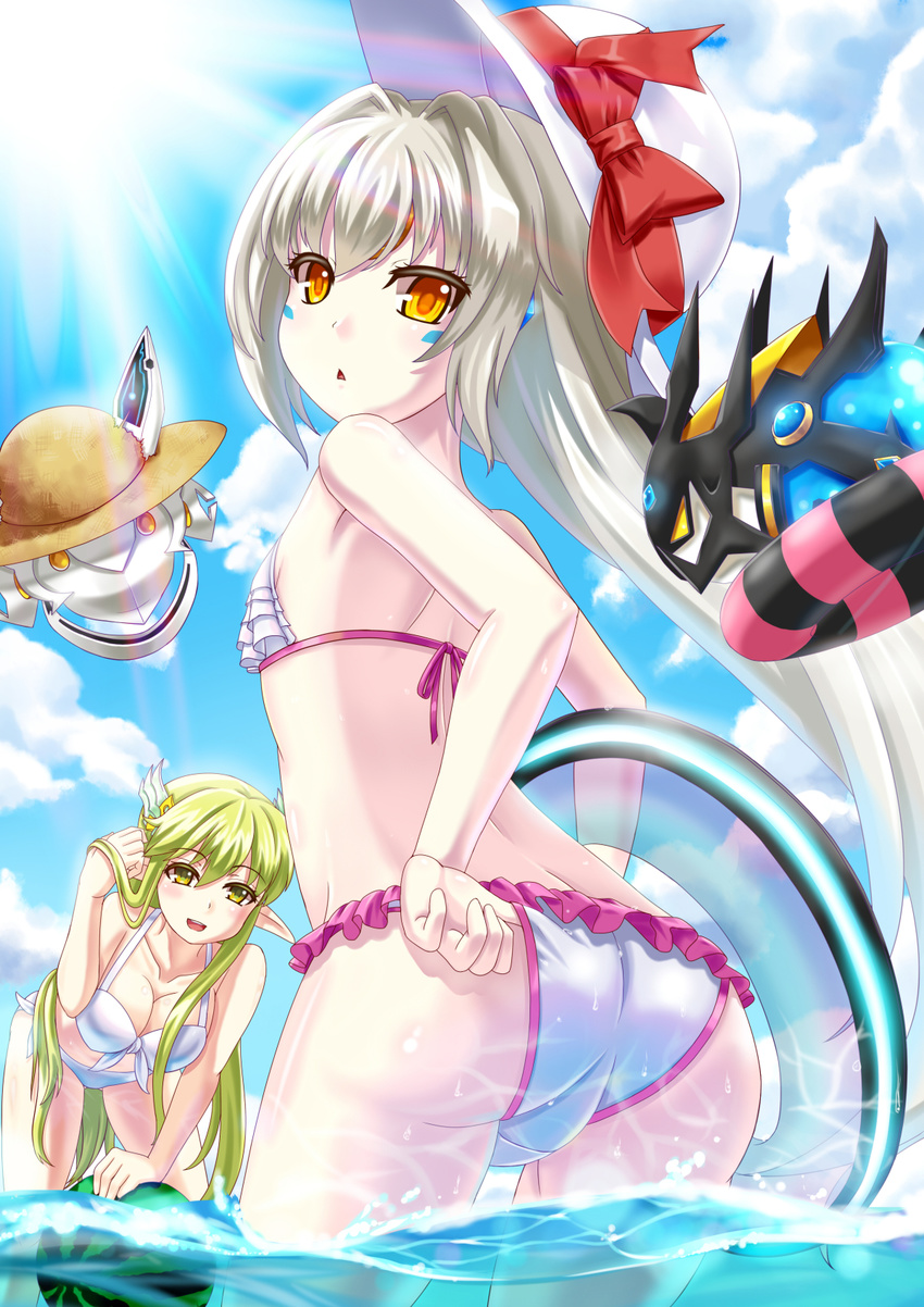 :d ass bikini blue_sky bow breasts cleavage cloud code:_battle_seraph_(elsword) collarbone day elsword eve_(elsword) facial_mark floating_hair from_below grand_archer_(elsword) green_eyes green_hair hand_in_hair hat hat_bow hat_ribbon highres hyperhkl indoors innertube long_hair looking_at_viewer looking_back medium_breasts moby_(elsword) multiple_girls open_mouth pointy_ears red_bow red_ribbon remy_(elsword) rena_(elsword) ribbon sideboob silver_hair sky small_breasts smile standing straw_hat sun_hat swimsuit very_long_hair wading water white_bikini white_hat yellow_eyes