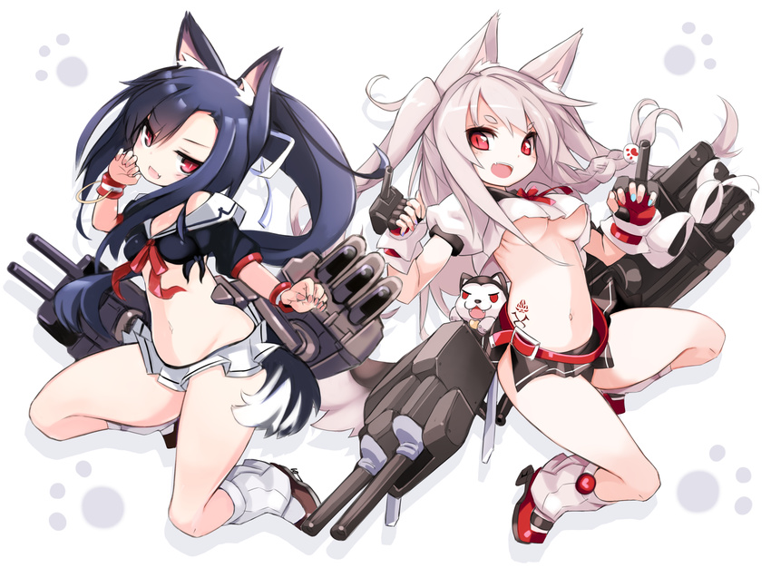 2girls animal animal_ears anthropomorphism azur_lane black_hair blonde_hair breasts dog doggirl fang karukan_(monjya) long_hair navel no_bra red_eyes seifuku shigure_(azur_lane) skirt socks tail tattoo underboob weapon wristwear yuudachi_(azur_lane)