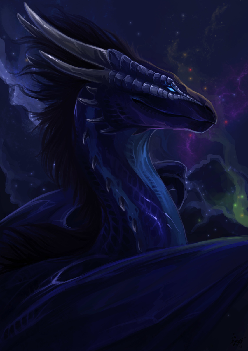 allagar ambiguous_gender black_hair blue_eyes blue_markings blue_scales dragon feral galaxy hair horn markings membranous_wings nebula scales scalie solo space spacescape wings