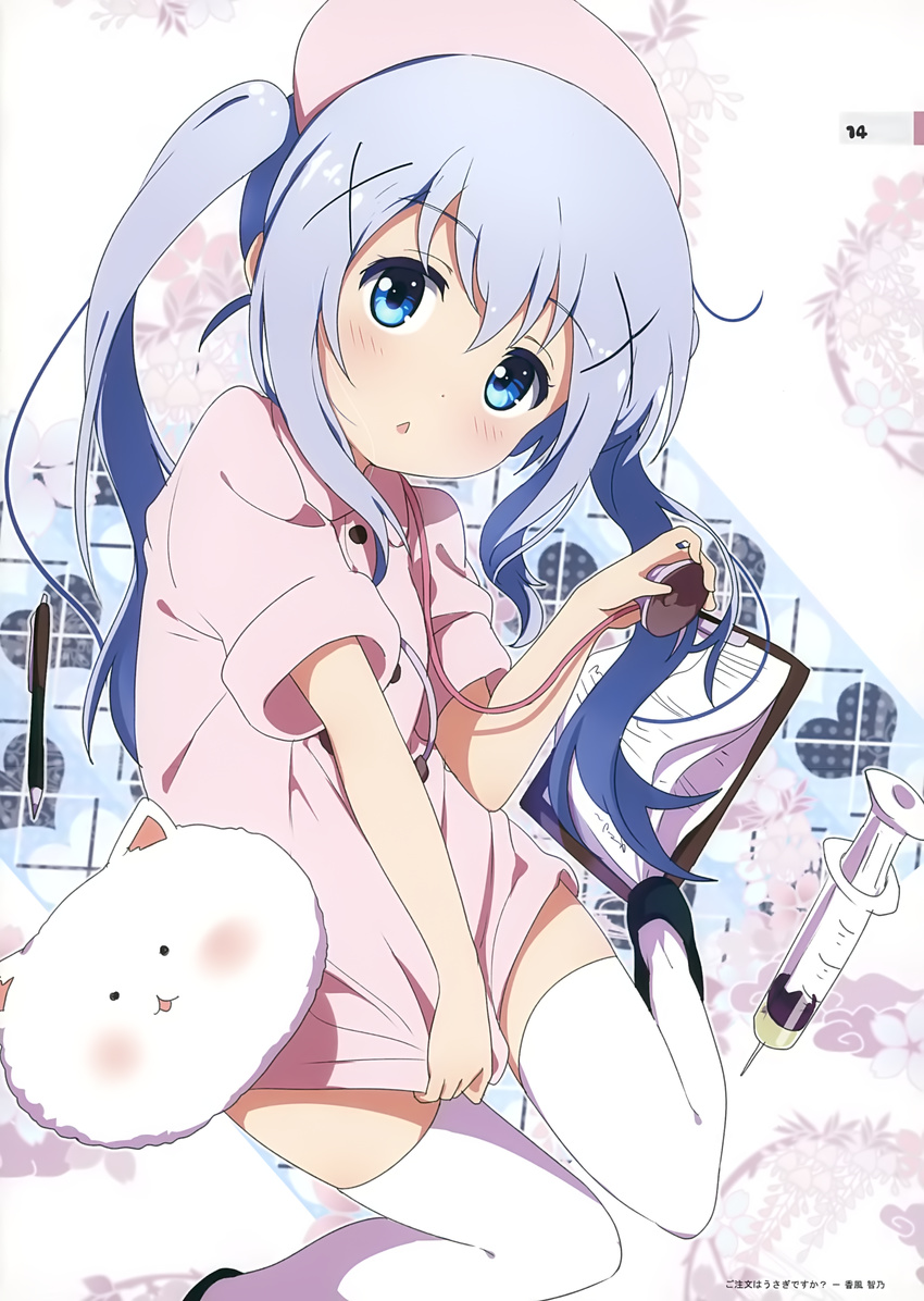 absurdres alternate_costume alternate_hairstyle blue_eyes blue_hair blush chestnut_mouth clipboard covering covering_crotch gochuumon_wa_usagi_desu_ka? hair_ornament hairclip hat heart highres kafuu_chino long_hair looking_at_viewer nurse nurse_cap ogipote pen scan shoes short_sleeves stethoscope syringe thighhighs tippy_(gochiusa) triangle_mouth twintails white_legwear x_hair_ornament