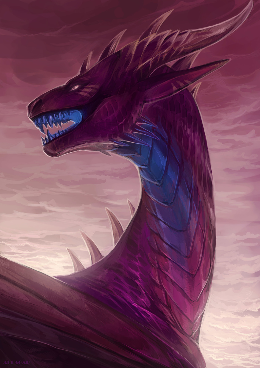 allagar ambiguous_gender blue_countershading cloud countershading detailed_background dragon feral head_spikes horn looking_back membranous_wings outside pink_scales portrait purple_countershading purple_scales scales scalie sharp_teeth sky solo sunrise teeth western_dragon wings yellow_eyes