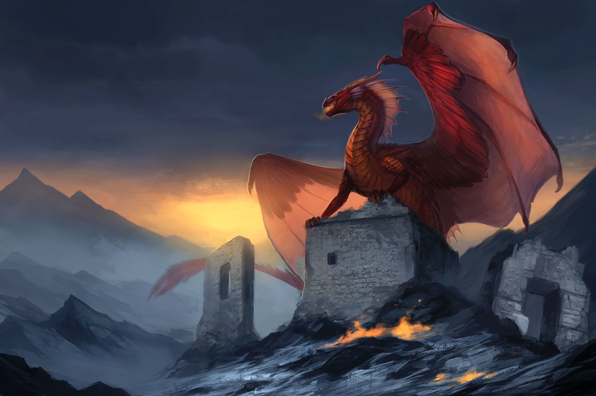 allagar amazing_background ambiguous_gender claws countershading crouching detailed_background dragon feral fire fire_breathing fire_dragon horn hybrid_wings membranous_wings mountain outside overcast red_scales ruins scales scalie sky snow solo spread_wings sunrise western_dragon wing_claws wings yellow_countershading