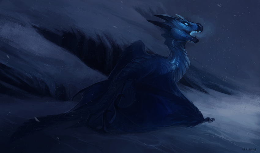 allagar ambiguous_gender blue_eyes blue_scales dark_theme detailed_background dragon feral head_spikes horn hybrid_wings ice_breathing ice_dragon membranous_wings mountain outside scales scalie side_view snow snowing solo standing western_dragon wing_claws wings young